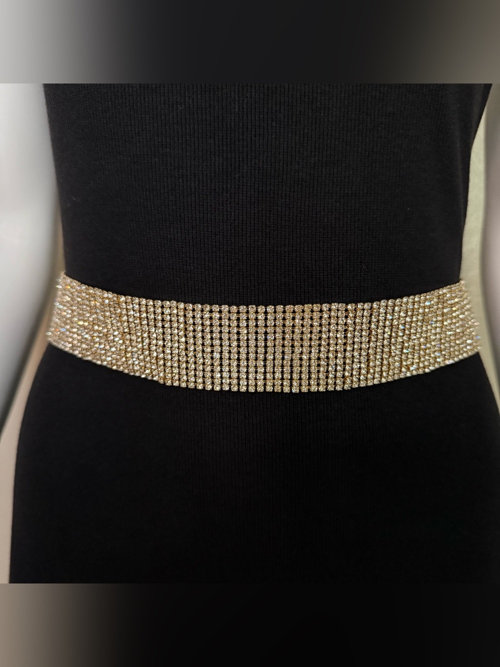 Gold tone metallic rhinestone chain belt